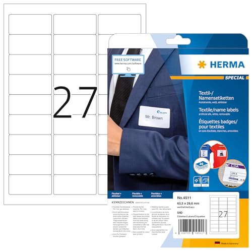 HERMA 4511 Namensetiketten ablösbar, 640 Blatt, 63,5 x 29,6 mm, 27 pro A4 Bogen, 17280 Stück, selbstklebend, bedruckbar, rückstandsfrei abziehbare Acetatseide Namensaufkleber Etiketten, weiß von HERMA