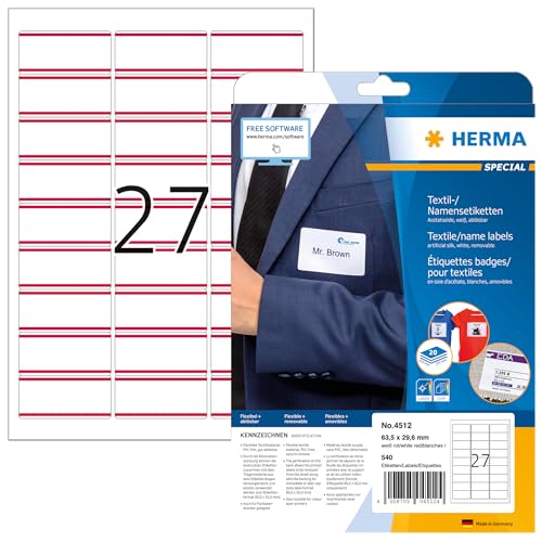 HERMA 4512 Namensetiketten ablösbar, 640 Blatt, 63,5 x 29,6 mm, 27 pro A4 Bogen, 17280 Stück, selbstklebend, bedruckbar, rückstandsfrei abziehbare Acetatseide Namensaufkleber Etiketten, weiß rot von HERMA