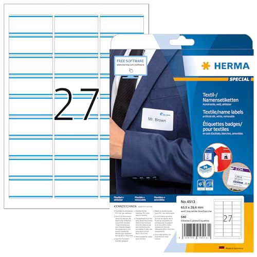 HERMA 4513 Namensetiketten ablösbar, 20 Blatt, 63,5 x 29,6 mm, 27 pro A4 Bogen, 540 Stück, selbstklebend, bedruckbar, rückstandsfrei abziehbare Acetatseide Namensaufkleber Etiketten, weiß blau von HERMA