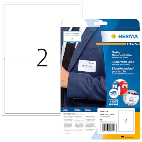 HERMA 4519 Namensetiketten ablösbar, 640 Blatt, 199,6 x 143,5 mm, 2 pro A4 Bogen, 1280 Stück, selbstklebend, bedruckbar, rückstandsfrei abziehbare Acetatseide Namensaufkleber Etiketten, weiß von HERMA