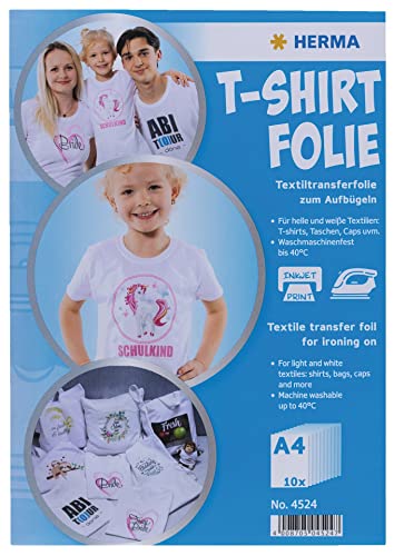 HERMA Transferpapier für helle Textilien, A4 Inkjet Bügelpapier zum Bedrucken & Aufbügeln, 10 Blatt, Transferfolie für weißen Stoff, Bügelfolie zum Selbstgestalten, Bedruckbare T-Shirt Textilfolie von HERMA