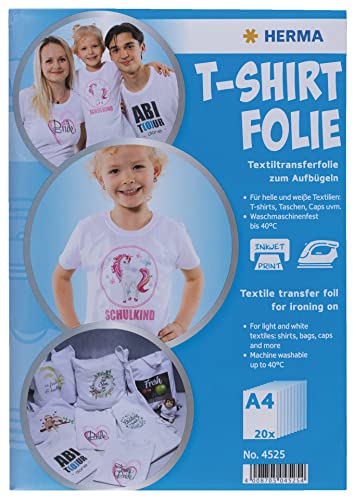 HERMA 4525 Textilfolie für helle und weiße Textilien, 20 Stück, Bügelfolie A4 zum selbst gestalten, T-Shirt Transfer Folie zum Bedrucken und Aufbügeln, bedruckbare Inkjet Drucker Transferfolie von HERMA