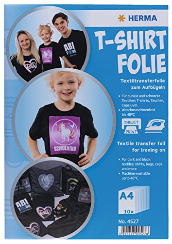 HERMA 4527 Textilfolie für dunkle und schwarze Textilien, 10 Stück, Bügelfolie A4 zum selbst gestalten, T-Shirt Transfer Folie zum Bedrucken & Aufbügeln, bedruckbare Inkjet Drucker Transferfolie, weiß von HERMA