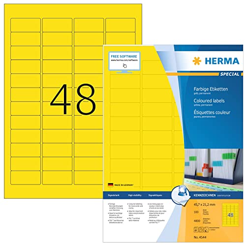 HERMA 4544 Farbige Etiketten gelb, 1400 Blatt, 45,7 x 21,2 mm, 48 pro A4 Bogen, 67200 Stück, selbstklebend, bedruckbar, matt, blanko Papier Farbetiketten Aufkleber von HERMA