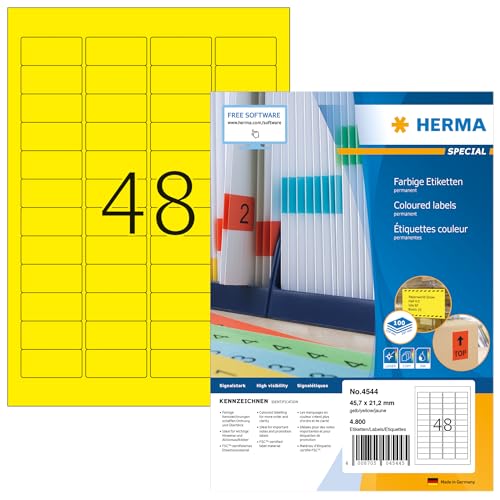 HERMA 4544 Farbige Etiketten gelb, 100 Blatt, 45,7 x 21,2 mm, 48 pro A4 Bogen, 4800 Stück, selbstklebend, bedruckbar, matt, blanko Papier Farbetiketten Aufkleber von HERMA