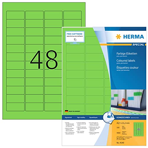 HERMA 4549 Farbige Etiketten grün, 100 Blatt, 45,7 x 21,2 mm, 48 pro A4 Bogen, 4800 Stück, selbstklebend, bedruckbar, matt, blanko Papier Farbetiketten Aufkleber von HERMA