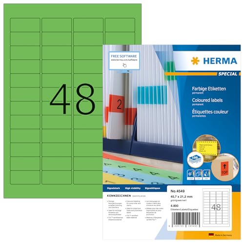 HERMA 4549 Farbige Etiketten grün, 100 Blatt, 45,7 x 21,2 mm, 48 pro A4 Bogen, 4800 Stück, selbstklebend, bedruckbar, matt, blanko Papier Farbetiketten Aufkleber von HERMA