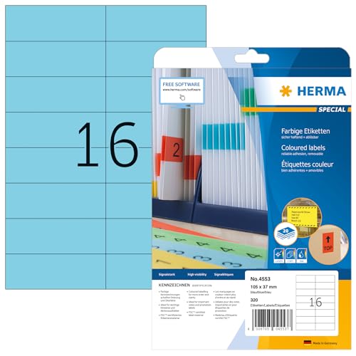 HERMA 4553 Farbige Etiketten blau ablösbar, 20 Blatt, 105 x 37 mm, 16 pro A4 Bogen, 320 Stück, selbstklebend, bedruckbar, matt, blanko Papier Farbetiketten Aufkleber von HERMA