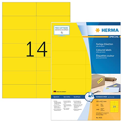 HERMA 4555 Farbige Etiketten gelb, 1400 Blatt, 105 x 42,3 mm, 14 pro A4 Bogen, 19600 Stück, selbstklebend, bedruckbar, matt, blanko Papier Farbetiketten Aufkleber von HERMA