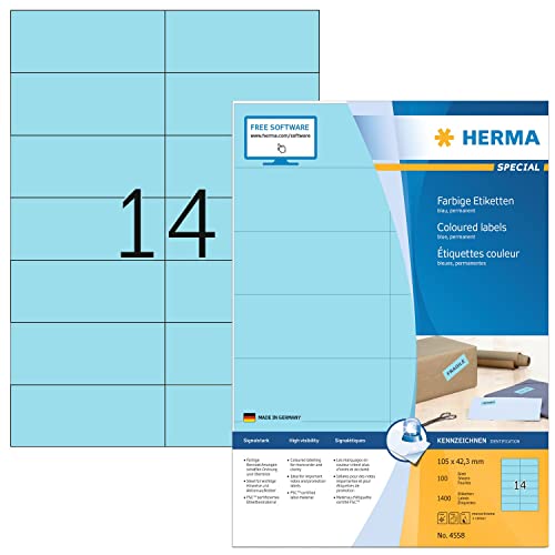 HERMA 4558 Farbige Etiketten blau, 100 Blatt, 105 x 42,3 mm, 14 pro A4 Bogen, 1400 Stück, selbstklebend, bedruckbar, matt, blanko Papier Farbetiketten Aufkleber von HERMA