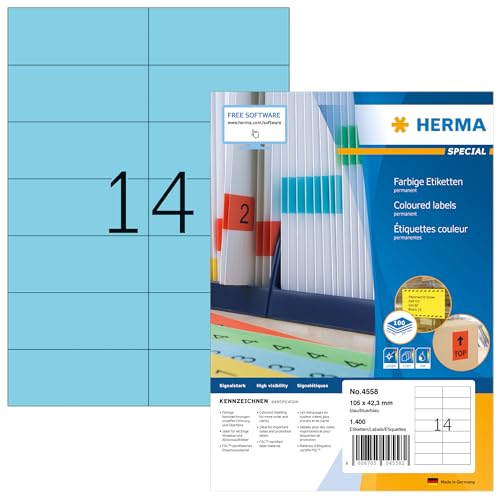 HERMA 4558 Farbige Etiketten blau, 100 Blatt, 105 x 42,3 mm, 14 pro A4 Bogen, 1400 Stück, selbstklebend, bedruckbar, matt, blanko Papier Farbetiketten Aufkleber von HERMA