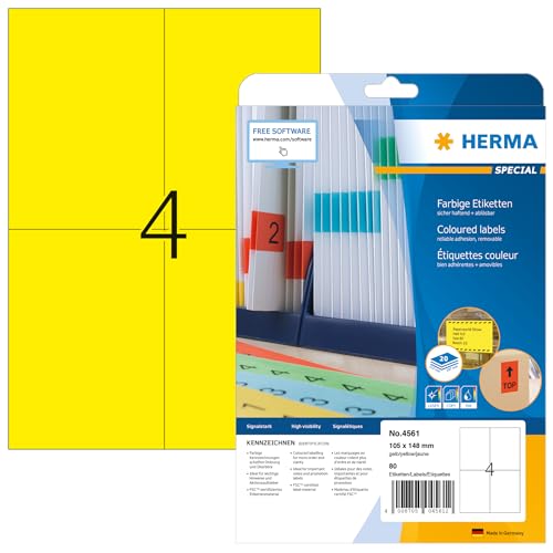 HERMA 4561 Farbige Etiketten gelb ablösbar, 20 Blatt, 105 x 148 mm, 4 pro A4 Bogen, 80 Stück, selbstklebend, bedruckbar, matt, blanko Papier Farbetiketten Aufkleber von HERMA