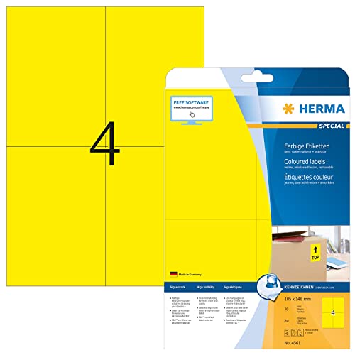 HERMA 4561 Farbige Etiketten gelb ablösbar, 20 Blatt, 105 x 148 mm, 4 pro A4 Bogen, 80 Stück, selbstklebend, bedruckbar, matt, blanko Papier Farbetiketten Aufkleber von HERMA