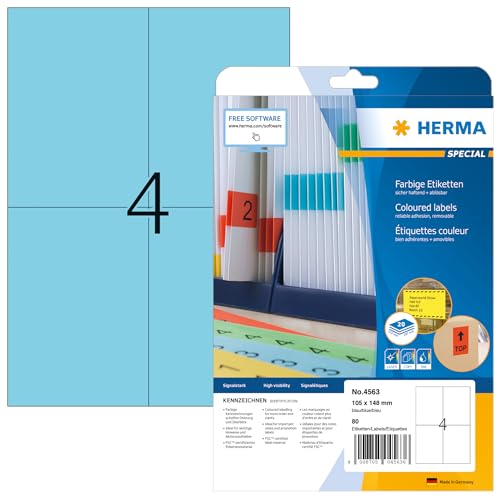 HERMA 4563 Farbige Etiketten blau ablösbar, 20 Blatt, 105 x 148 mm, 4 pro A4 Bogen, 80 Stück, selbstklebend, bedruckbar, matt, blanko Papier Farbetiketten Aufkleber von HERMA