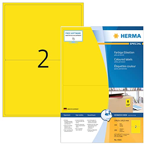 HERMA 4565 Farbige Etiketten gelb, 1400 Blatt, 199,6 x 143,5 mm, 2 pro A4 Bogen, 2800 Stück, selbstklebend, bedruckbar, matt, blanko Papier Farbetiketten Aufkleber von HERMA