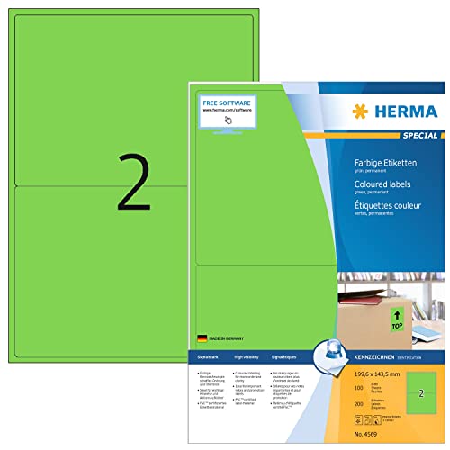 HERMA 4569 Farbige Etiketten grün, 1400 Blatt, 199,6 x 143,5 mm, 2 pro A4 Bogen, 2800 Stück, selbstklebend, bedruckbar, matt, blanko Papier Farbetiketten Aufkleber von HERMA
