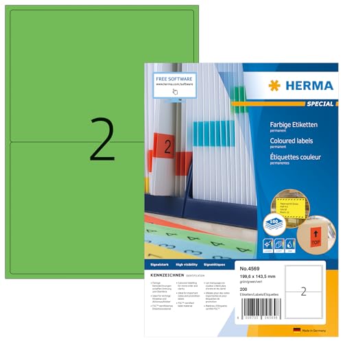 HERMA 4569 Farbige Etiketten grün, 100 Blatt, 199,6 x 143,5 mm, 2 pro A4 Bogen, 200 Stück, selbstklebend, bedruckbar, matt, blanko Papier Farbetiketten Aufkleber von HERMA