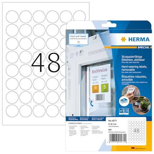 HERMA 4571 Wetterfeste Folienetiketten ablösbar rund, 640 Blatt, Ø 30 mm, 48 pro A4 Bogen, 30720 Stück, selbstklebend, bedruckbar, matt, blanko Klebeetiketten Aufkleber aus Folie, weiß von HERMA