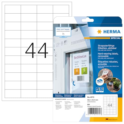 HERMA 4572 Wetterfeste Folienetiketten ablösbar, 20 Blatt, 48,3 x 25,4 mm, 44 pro A4 Bogen, 880 Stück, selbstklebend, bedruckbar, matt, blanko Klebeetiketten Aufkleber aus Folie, weiß von HERMA