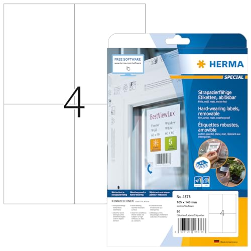 HERMA 4576 Wetterfeste Folienetiketten ablösbar, 20 Blatt, 105 x 148 mm, 4 pro A4 Bogen, 80 Stück, selbstklebend, bedruckbar, matt, blanko Klebeetiketten Aufkleber aus Folie, weiß von HERMA