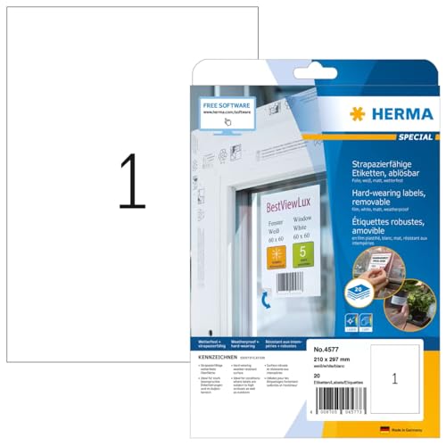 HERMA 4577 Wetterfeste Folienetiketten ablösbar, 20 Blatt, 210 x 297 mm, 1 pro A4 Bogen, 20 Stück, selbstklebend, bedruckbar, matt, blanko Klebeetiketten Aufkleber aus Folie, weiß von HERMA
