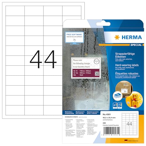 HERMA 4581 Wetterfeste Folienetiketten, 10 Blatt, 48,3 x 25,4 mm, 44 pro A4 Bogen, 440 Stück, selbstklebend, bedruckbar, matt, blanko Klebeetiketten Aufkleber aus Folie, weiß von HERMA