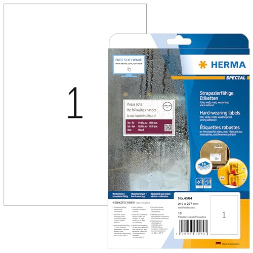 HERMA 4584 Wetterfeste Folienetiketten, 10 Blatt, 210 x 297 mm, 1 pro A4 Bogen, 10 Stück, selbstklebend, bedruckbar, matt, blanko Klebeetiketten Aufkleber aus Folie, weiß von HERMA