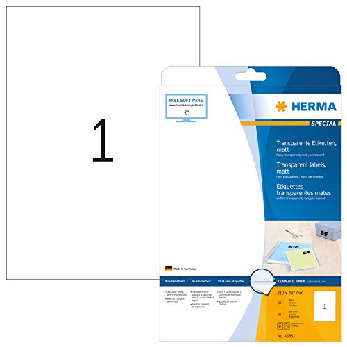 HERMA 4585 Wetterfeste Folienetiketten transparent, 10 Blatt, 210 x 297 mm, 1 pro A4 Bogen, 10 Stück, selbstklebend, bedruckbar, matt, blanko Klebeetiketten Aufkleber aus Folie, durchsichtig von HERMA