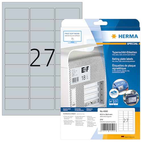 HERMA 4592 Typenschild Folien-Etiketten silber, 10 Blatt, 63,5 x 29,6 mm, 27 pro A4 Bogen, 270 Stück, selbstklebend, bedruckbar, wetterfest, blanko Klebeetiketten Aufkleber aus Folie von HERMA