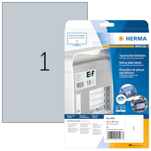 HERMA 4593 Typenschild Folien-Etiketten silber, 320 Blatt, 210 x 297 mm, 1 pro A4 Bogen, 320 Stück, selbstklebend, bedruckbar, wetterfest, blanko Klebefolie Aufkleber aus Folie HERMA 4593 Typenschild Folien-Etiketten silber, 320 Blatt, 210 x 297 mm, 1 pro A4 Bogen, 320 Stück, selbstklebend, bedruckbar, wetterfest, blanko Klebefolie Aufkleber aus Folie von HERMA