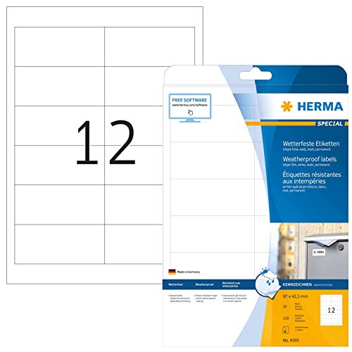 HERMA 4595 Wetterfeste Folienetiketten für Inkjet Drucker, 10 Blatt, 97 x 42,3 mm, 12 pro A4 Bogen, 120 Stück, selbstklebend, bedruckbar, matt, Klebeetiketten Aufkleber für Tintenstrahldrucker, weiß von HERMA