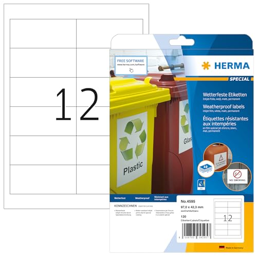 HERMA 4595 Wetterfeste Folienetiketten für Inkjet Drucker, 10 Blatt, 97 x 42,3 mm, 12 pro A4 Bogen, 120 Stück, selbstklebend, bedruckbar, matt, Klebeetiketten Aufkleber für Tintenstrahldrucker, weiß von HERMA