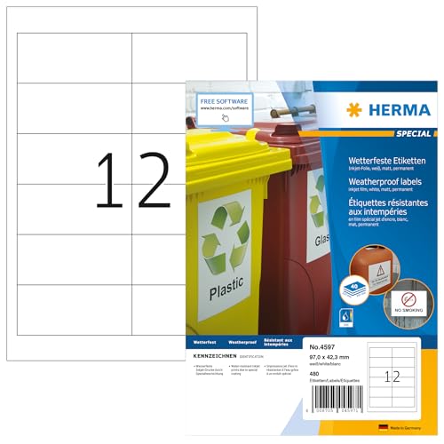 HERMA 4597 Wetterfeste Folienetiketten für Inkjet Drucker, 40 Blatt, 97 x 42,3 mm, 12 pro A4 Bogen, 480 Stück, selbstklebend, bedruckbar, matt, Klebeetiketten Aufkleber für Tintenstrahldrucker, weiß von HERMA