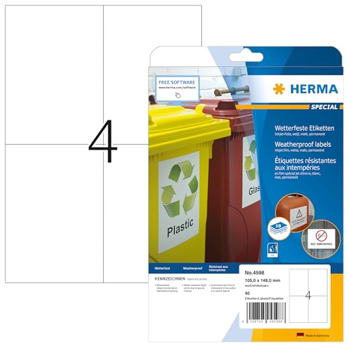 HERMA 4598 Wetterfeste Folienetiketten für Inkjet Drucker, 10 Blatt, 105 x 148 mm, 4 pro A4 Bogen, 40 Stück, selbstklebend, bedruckbar, matt, Klebeetiketten Aufkleber für Tintenstrahldrucker, weiß von HERMA