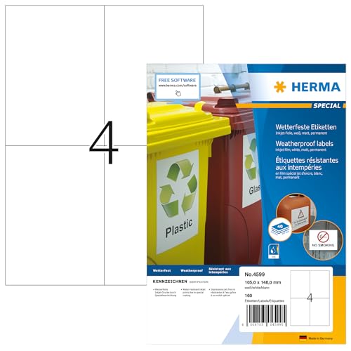 HERMA 4599 Wetterfeste Folienetiketten für Inkjet Drucker, 560 Blatt, 105 x 148 mm, 4 pro A4 Bogen, 2240 Stück, selbstklebend, bedruckbar, matt, Klebeetiketten Aufkleber für Tintenstrahldrucker, weiß von HERMA