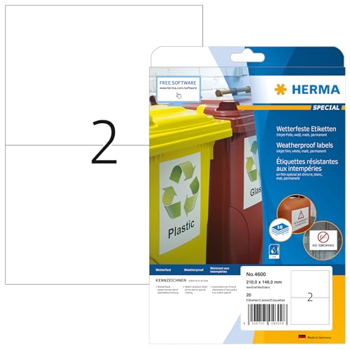 HERMA 4600 Wetterfeste Folienetiketten für Inkjet Drucker, 10 Blatt, 210 x 148 mm, 2 pro A4 Bogen, 20 Stück, selbstklebend, bedruckbar, matt, Klebeetiketten Aufkleber für Tintenstrahldrucker, weiß von HERMA