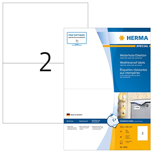 HERMA 4601 Wetterfeste Folien-Etiketten für Tintenstrahldrucker DIN A4 (210 x 148 mm, 40 Blatt, Folie, matt) selbstklebend, bedruckbar, permanent haftende Inkjet Aufkleber, 80 Klebeetiketten, weiß von HERMA