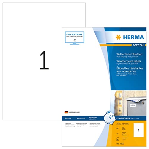 HERMA 4602 Wetterfeste Folien-Etiketten für Inkjet Drucker DIN A4, 14er Set (210 x 297 mm, 560 Blatt, Folie, matt) selbstklebend, bedruckbar, permanent haftende Aufkleber, 560 Klebeetiketten, weiß von HERMA