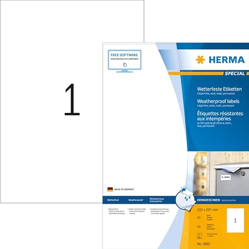 HERMA 4602 Wetterfeste Folienetiketten für Inkjet Drucker, 40 Blatt, 210 x 297 mm, 1 pro A4 Bogen, 40 Stück, selbstklebend, bedruckbar, matt, Klebeetiketten Aufkleber für Tintenstrahldrucker, weiß von HERMA