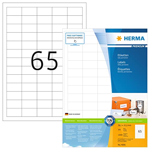 HERMA 4606 Universal Etiketten, 200 Blatt, 38,1 x 21,2 mm, 65 pro A4 Bogen, 13000 Stück, selbstklebend, bedruckbar, matt, blanko Papier Klebeetiketten Aufkleber, weiß HERMA 4606 Universal Etiketten, 200 Blatt, 38,1 x 21,2 mm, 65 pro A4 Bogen, 13000 Stück, selbstklebend, bedruckbar, matt, blanko Papier Klebeetiketten Aufkleber, weiß von HERMA