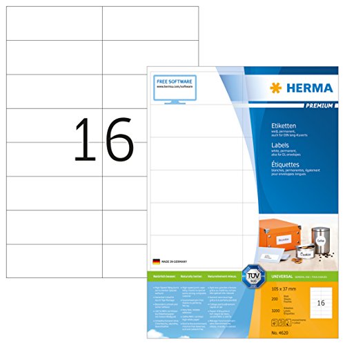HERMA 4620 Adressetiketten, 200 Blatt, 105 x 37 mm, 16 pro A4 Bogen, 3200 Stück, selbstklebend, bedruckbar, matt, blanko Papier Adressaufkleber Etiketten, weiß von HERMA