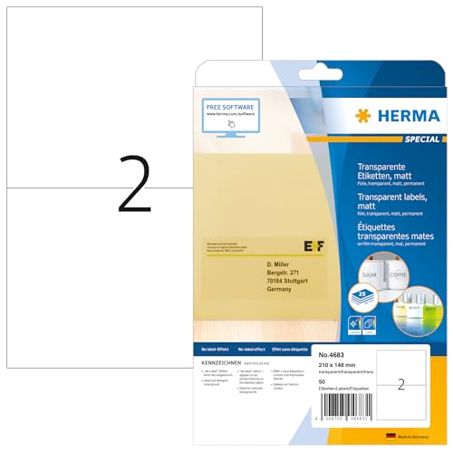 HERMA 4683 Wetterfeste Folienetiketten transparent, 800 Blatt, 210 x 148 mm, 2 pro A4 Bogen, 1600 Stück, selbstklebend, bedruckbar, matt, blanko Klebeetiketten Aufkleber aus Folie, durchsichtig HERMA 4683 Wetterfeste Folienetiketten transparent, 800 Blatt, 210 x 148 mm, 2 pro A4 Bogen, 1600 Stück, selbstklebend, bedruckbar, matt, blanko Klebeetiketten Aufkleber aus Folie, durchsichtig von HERMA