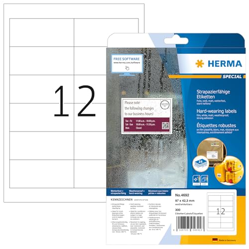 HERMA 4692 Wetterfeste Folienetiketten, 800 Blatt, 97 x 42,3 mm, 12 pro A4 Bogen, 9600 Stück, selbstklebend, bedruckbar, matt, blanko Klebeetiketten Aufkleber aus Folie, weiß HERMA 4692 Wetterfeste Folienetiketten, 800 Blatt, 97 x 42,3 mm, 12 pro A4 Bogen, 9600 Stück, selbstklebend, bedruckbar, matt, blanko Klebeetiketten Aufkleber aus Folie, weiß von HERMA