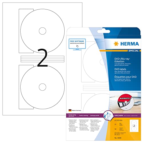 HERMA 4699 CD DVD Etiketten inkl. Zentrierhilfe, 25 Blatt, Ø 116 mm MAXI, 2 pro A4 Bogen, 50 Stück, selbstklebend, bedruckbar, matt, blanko Klebeetiketten Aufkleber aus Folie, weiß von HERMA