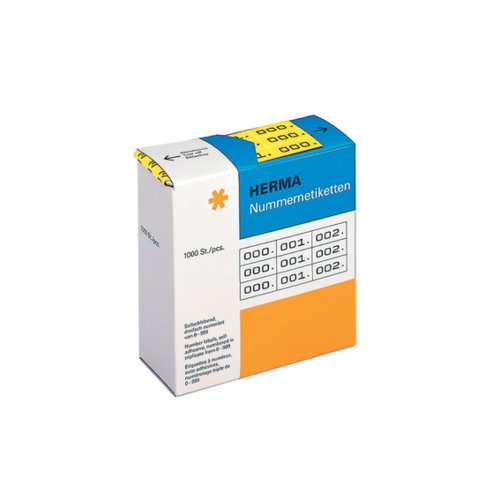 HERMA 4801 Nummernetiketten Zahlen 0-999, dreifach, 3000 Stück, 22 x 10 mm, selbstklebend, matt, 3fach fortlaufende Papier Zahlenetiketten Anlagenummern in Spenderbox, gelb von HERMA