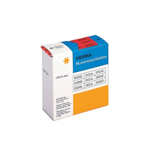 HERMA 4802 Nummernetiketten Zahlen 0-999, dreifach, 3000 Stück, 22 x 10 mm, selbstklebend, matt, 3fach fortlaufende Papier Zahlenetiketten Anlagenummern in Spenderbox, rot von HERMA