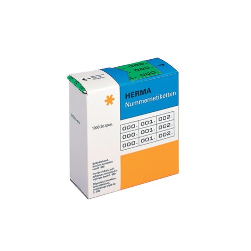 HERMA 4805 Nummernetiketten Zahlen 0-999, dreifach, 3000 Stück, 22 x 10 mm, selbstklebend, matt, 3fach fortlaufende Papier Zahlenetiketten Anlagenummern in Spenderbox, grün von HERMA