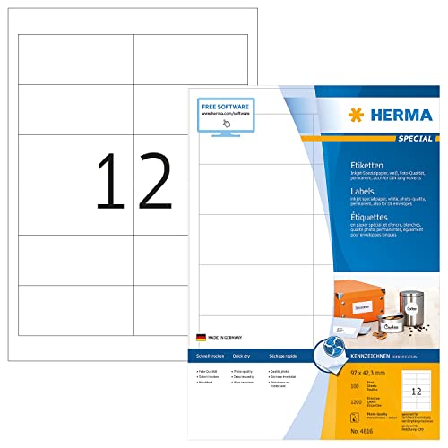 HERMA 4816 Adressetiketten für Inkjet Drucker, 100 Blatt, 97 x 42,3 mm, 12 pro A4 Bogen, 1200 Stück, selbstklebend, bedruckbar, matt, blanko Adressaufkleber Etiketten für Tintenstrahldrucker, weiß von HERMA