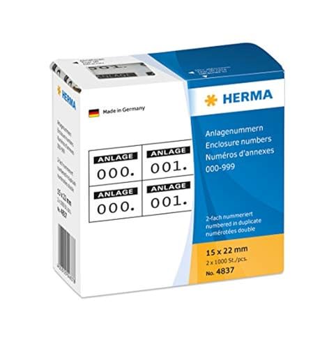 HERMA 4837 Nummernetiketten Zahlen 0-999, doppelt, 2000 Stück, 22 x 15 mm, selbstklebend, matt, 2fach fortlaufende Papier Zahlenetiketten Anlagenummern in Spenderbox, schwarz von HERMA