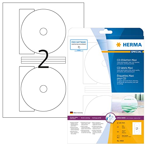 HERMA 4850 CD DVD Etiketten inkl. Zentrierhilfe für Inkjet Drucker, 25 Blatt, Ø 116 mm MAXI, 2 pro A4 Bogen, 50 Stück, selbstklebend, bedruckbar, matt, blanko Papier Klebeetiketten Aufkleber, weiß von HERMA